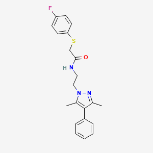 molecular formula C21H22FN3OS B2525600 N-(2-(3,5-二甲基-4-苯基-1H-吡唑-1-基)乙基)-2-((4-氟苯基)硫代)乙酰胺 CAS No. 2034505-76-3