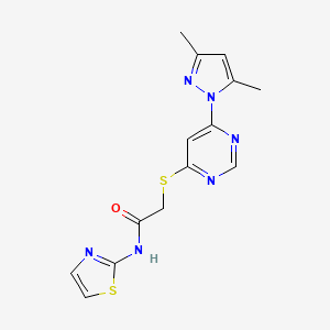 molecular formula C14H14N6OS2 B2525678 2-((6-(3,5-dimethyl-1H-pyrazol-1-yl)pyrimidin-4-yl)thio)-N-(thiazol-2-yl)acetamide CAS No. 1421465-94-2