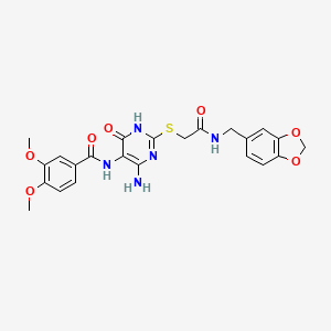 molecular formula C23H23N5O7S B2525695 N-(4-amino-2-((2-((benzo[d][1,3]dioxol-5-ylmethyl)amino)-2-oxoethyl)thio)-6-oxo-1,6-dihydropyrimidin-5-yl)-3,4-dimethoxybenzamide CAS No. 868228-08-4