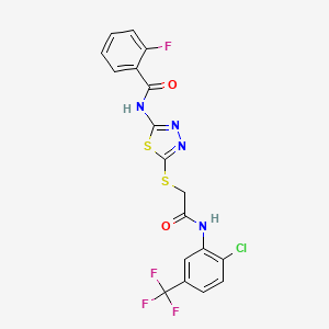 molecular formula C18H11ClF4N4O2S2 B2525749 N-(5-((2-((2-氯-5-(三氟甲基)苯基)氨基)-2-氧代乙基)硫代)-1,3,4-噻二唑-2-基)-2-氟苯甲酰胺 CAS No. 392299-11-5