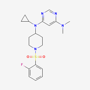 molecular formula C20H26FN5O2S B2525750 4-N-Cyclopropyl-4-N-[1-(2-fluorophenyl)sulfonylpiperidin-4-yl]-6-N,6-N-dimethylpyrimidine-4,6-diamine CAS No. 2380170-62-5
