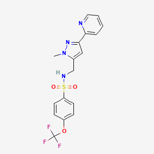 molecular formula C17H15F3N4O3S B2525971 N-[(2-Methyl-5-pyridin-2-ylpyrazol-3-yl)methyl]-4-(trifluoromethoxy)benzenesulfonamide CAS No. 2309586-74-9