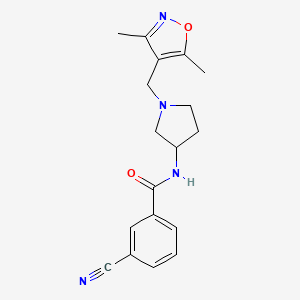 molecular formula C18H20N4O2 B2526003 3-氰基-N-{1-[(3,5-二甲基异恶唑-4-基)甲基]吡咯烷-3-基}苯甲酰胺 CAS No. 1775303-60-0