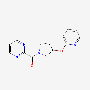 molecular formula C14H14N4O2 B2526005 (3-(Pyridin-2-yloxy)pyrrolidin-1-yl)(pyrimidin-2-yl)methanone CAS No. 1904018-98-9