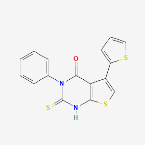 molecular formula C16H10N2OS3 B2526039 3-phenyl-2-sulfanyl-5-(thiophen-2-yl)-3H,4H-thieno[2,3-d]pyrimidin-4-one CAS No. 327167-86-2