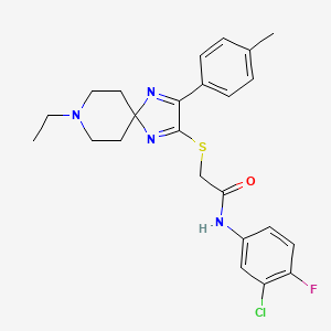 molecular formula C24H26ClFN4OS B2526040 N-(3-chloro-4-fluorophenyl)-2-((8-ethyl-3-(p-tolyl)-1,4,8-triazaspiro[4.5]deca-1,3-dien-2-yl)thio)acetamide CAS No. 1223814-53-6