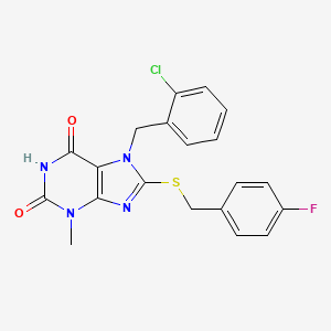 molecular formula C20H16ClFN4O2S B2526041 7-(2-chlorobenzyl)-8-((4-fluorobenzyl)thio)-3-methyl-1H-purine-2,6(3H,7H)-dione CAS No. 377050-95-8