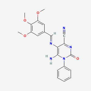 molecular formula C21H19N5O4 B2526048 6-氨基-2-氧代-1-苯基-5-[(3,4,5-三甲氧基苯基)甲叉亚氨基]嘧啶-4-腈 CAS No. 946387-13-9