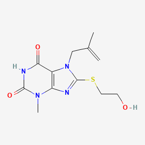 molecular formula C12H16N4O3S B2526053 8-((2-hydroxyethyl)thio)-3-methyl-7-(2-methylallyl)-1H-purine-2,6(3H,7H)-dione CAS No. 332098-82-5
