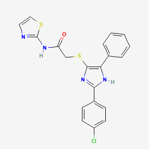 molecular formula C20H15ClN4OS2 B2526082 2-((2-(4-chlorophenyl)-5-phenyl-1H-imidazol-4-yl)thio)-N-(thiazol-2-yl)acetamide CAS No. 901258-58-0