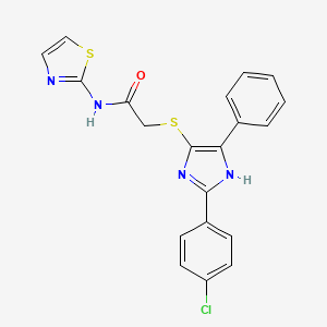 molecular formula C20H15ClN4OS2 B2526082 2-{[2-(4-CHLOROPHENYL)-5-PHENYL-1H-IMIDAZOL-4-YL]SULFANYL}-N-(1,3-THIAZOL-2-YL)ACETAMIDE CAS No. 901258-58-0