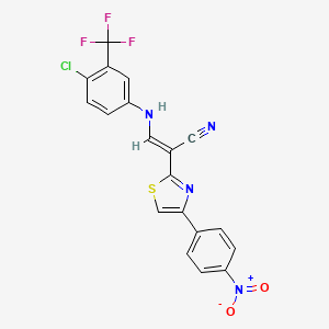 molecular formula C19H10ClF3N4O2S B2526184 (E)-3-((4-氯-3-(三氟甲基)苯基)氨基)-2-(4-(4-硝基苯基)噻唑-2-基)丙烯腈 CAS No. 477305-22-9