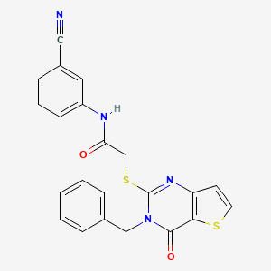 molecular formula C22H16N4O2S2 B2526230 2-({3-苄基-4-氧代-3H,4H-噻吩并[3,2-d]嘧啶-2-基}硫代)-N-(3-氰基苯基)乙酰胺 CAS No. 1090532-02-7