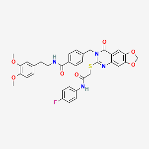 molecular formula C35H31FN4O7S B2526261 N-(3,4-二甲氧基苯乙基)-4-((6-((2-((4-氟苯基)氨基)-2-氧代乙基)硫代)-8-氧代-[1,3]二氧杂环[4,5-g]喹唑啉-7(8H)-基)甲基)苯甲酰胺 CAS No. 689758-02-9