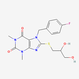 molecular formula C17H19FN4O4S B2526329 8-((2,3-dihydroxypropyl)thio)-7-(4-fluorobenzyl)-1,3-dimethyl-1H-purine-2,6(3H,7H)-dione CAS No. 923150-99-6
