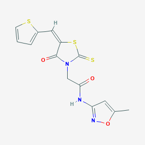 molecular formula C14H11N3O3S3 B2526350 (E)-N-(5-甲基异恶唑-3-基)-2-(4-氧代-5-(噻吩-2-基亚甲基)-2-硫代噻唑烷-3-基)乙酰胺 CAS No. 613225-43-7
