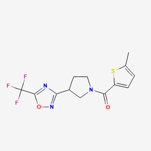 molecular formula C13H12F3N3O2S B2526353 (5-Methylthiophen-2-yl)(3-(5-(trifluoromethyl)-1,2,4-oxadiazol-3-yl)pyrrolidin-1-yl)methanone CAS No. 2034285-16-8