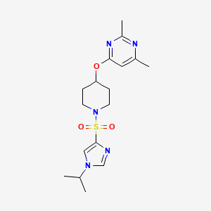 molecular formula C17H25N5O3S B2526358 4-((1-((1-异丙基-1H-咪唑-4-基)磺酰基)哌啶-4-基)氧基)-2,6-二甲基嘧啶 CAS No. 2034559-99-2