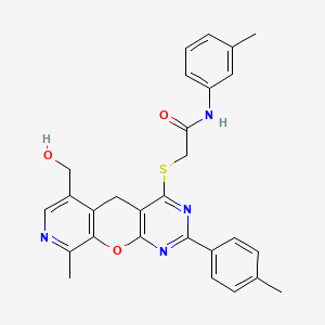 molecular formula C28H26N4O3S B2526359 2-{[6-(羟甲基)-9-甲基-2-(4-甲基苯基)-5H-吡啶并[4',3':5,6]吡喃并[2,3-d]嘧啶-4-基]硫代}-N-(3-甲基苯基)乙酰胺 CAS No. 892384-49-5