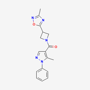 molecular formula C17H17N5O2 B2526384 (3-(3-methyl-1,2,4-oxadiazol-5-yl)azetidin-1-yl)(5-methyl-1-phenyl-1H-pyrazol-4-yl)methanone CAS No. 1286732-94-2
