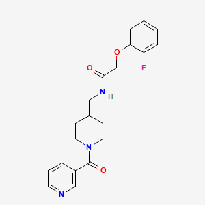 molecular formula C20H22FN3O3 B2526385 2-(2-fluorophenoxy)-N-((1-nicotinoylpiperidin-4-yl)methyl)acetamide CAS No. 1396801-01-6