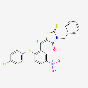 molecular formula C23H15ClN2O3S3 B2526391 3-Benzyl-5-({2-[(4-chlorophenyl)sulfanyl]-5-nitrophenyl}methylene)-2-thioxo-1,3-thiazolan-4-one CAS No. 882073-16-7