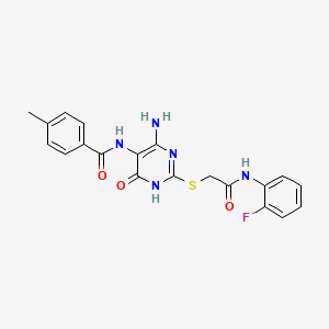 molecular formula C20H18FN5O3S B2526393 N-(4-氨基-2-((2-((2-氟苯基)氨基)-2-氧代乙基)硫代)-6-氧代-1,6-二氢嘧啶-5-基)-4-甲基苯甲酰胺 CAS No. 888423-41-4