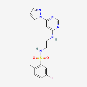 molecular formula C16H17FN6O2S B2526490 N-(2-((6-(1H-pyrazol-1-yl)pyrimidin-4-yl)amino)ethyl)-5-fluoro-2-methylbenzenesulfonamide CAS No. 1172053-33-6