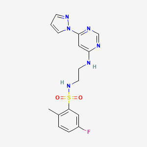 molecular formula C16H17FN6O2S B2526490 N-(2-((6-(1H-吡唑-1-基)嘧啶-4-基)氨基)乙基)-5-氟-2-甲基苯磺酰胺 CAS No. 1172053-33-6