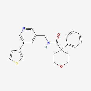 molecular formula C22H22N2O2S B2526580 4-phenyl-N-((5-(thiophen-3-yl)pyridin-3-yl)methyl)tetrahydro-2H-pyran-4-carboxamide CAS No. 1795190-81-6