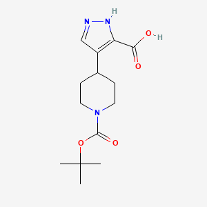 molecular formula C14H21N3O4 B2526612 4-[1-[(2-Methylpropan-2-yl)oxycarbonyl]piperidin-4-yl]-1H-pyrazole-5-carboxylic acid CAS No. 2377031-25-7