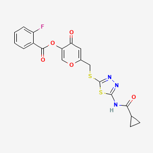 molecular formula C19H14FN3O5S2 B2526670 6-(((5-(环丙烷甲酰胺)-1,3,4-噻二唑-2-基)硫代)甲基)-4-氧代-4H-吡喃-3-基 2-氟苯甲酸酯 CAS No. 877651-11-1