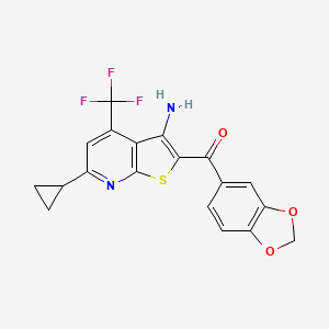 molecular formula C19H13F3N2O3S B2526706 [3-Amino-6-cyclopropyl-4-(trifluoromethyl)thieno[2,3-b]pyridin-2-yl](1,3-benzodioxol-5-yl)methanone CAS No. 625377-80-2
