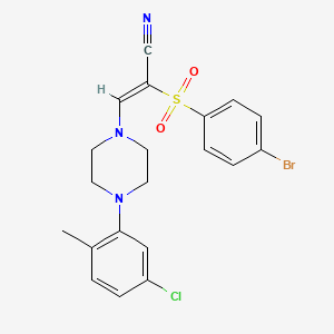 molecular formula C20H19BrClN3O2S B2526708 2-((4-Bromophenyl)sulfonyl)-3-(4-(5-chloro-2-methylphenyl)piperazinyl)prop-2-enenitrile CAS No. 1025666-41-4