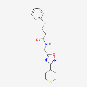 3-(phenylthio)-N-((3-(tetrahydro-2H-thiopyran-4-yl)-1,2,4-oxadiazol-5-yl)methyl)propanamide