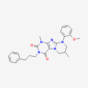 molecular formula C26H29N5O3 B2526781 9-(2-甲氧基苯基)-1,7-二甲基-3-(3-苯基丙基)-6,7,8,9-四氢嘧啶并[2,1-f]嘌呤-2,4(1H,3H)-二酮 CAS No. 877617-40-8
