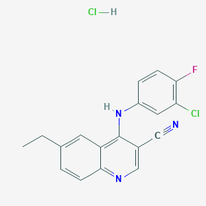 molecular formula C18H14Cl2FN3 B2526916 4-((3-Chloro-4-fluorophenyl)amino)-6-ethylquinoline-3-carbonitrile hydrochloride CAS No. 1327207-08-8