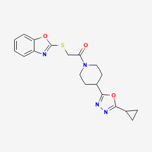molecular formula C19H20N4O3S B2526985 2-(Benzo[d]oxazol-2-ylthio)-1-(4-(5-cyclopropyl-1,3,4-oxadiazol-2-yl)piperidin-1-yl)ethanone CAS No. 1208788-09-3
