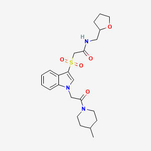 molecular formula C23H31N3O5S B2527019 2-((1-(2-(4-methylpiperidin-1-yl)-2-oxoethyl)-1H-indol-3-yl)sulfonyl)-N-((tetrahydrofuran-2-yl)methyl)acetamide CAS No. 878060-43-6