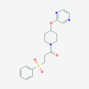 molecular formula C18H21N3O4S B2527042 3-(苯磺酰基)-1-(4-(吡嗪-2-氧基)哌啶-1-基)丙-1-酮 CAS No. 1448134-31-3