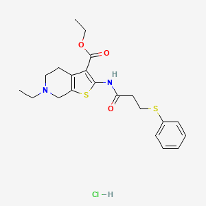molecular formula C21H27ClN2O3S2 B2527048 Ethyl 6-ethyl-2-(3-(phenylthio)propanamido)-4,5,6,7-tetrahydrothieno[2,3-c]pyridine-3-carboxylate hydrochloride CAS No. 1217120-15-4
