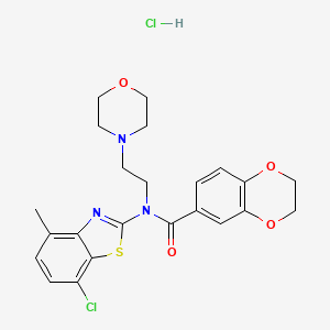 molecular formula C23H25Cl2N3O4S B2527057 N-(7-chloro-4-methylbenzo[d]thiazol-2-yl)-N-(2-morpholinoethyl)-2,3-dihydrobenzo[b][1,4]dioxine-6-carboxamide hydrochloride CAS No. 1215671-69-4