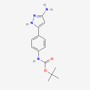 molecular formula C14H18N4O2 B2527076 氨基甲酸，N-[4-(5-氨基-1H-吡唑-3-基)苯基]，1,1-二甲基乙酯 CAS No. 1870901-39-5