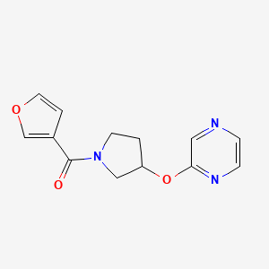 molecular formula C13H13N3O3 B2527160 Furan-3-yl(3-(pyrazin-2-yloxy)pyrrolidin-1-yl)methanone CAS No. 2034251-28-8