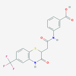 molecular formula C18H13F3N2O4S B2527187 Acide 3-(2-(3-oxo-6-(trifluorométhyl)-3,4-dihydro-2H-benzo[b][1,4]thiazin-2-yl)acétamido)benzoïque CAS No. 692264-26-9