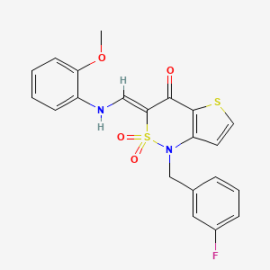 molecular formula C21H17FN2O4S2 B2527327 (Z)-1-(3-fluorobenzyl)-3-(((2-methoxyphenyl)amino)methylene)-1H-thieno[3,2-c][1,2]thiazin-4(3H)-one 2,2-dioxide CAS No. 894685-12-2