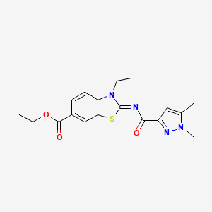 molecular formula C18H20N4O3S B2527344 ethyl 2-((1,5-dimethyl-1H-pyrazole-3-carbonyl)imino)-3-ethyl-2,3-dihydrobenzo[d]thiazole-6-carboxylate CAS No. 1173390-26-5
