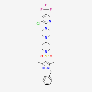 molecular formula C27H32ClF3N6O2S B2527385 1-{1-[(1-benzyl-3,5-dimethyl-1H-pyrazol-4-yl)sulfonyl]piperidin-4-yl}-4-[3-chloro-5-(trifluoromethyl)pyridin-2-yl]piperazine CAS No. 2097938-33-3