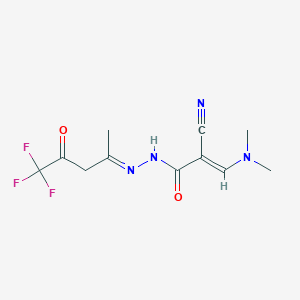 molecular formula C11H13F3N4O2 B2527397 (E)-2-氰基-3-(二甲氨基)-N'-[(E)-4,4,4-三氟-1-甲基-3-氧代丁烯基]-2-丙烯酰肼 CAS No. 478064-02-7