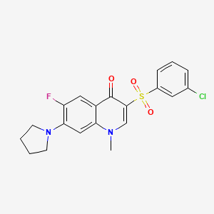 molecular formula C20H18ClFN2O3S B2527428 3-((3-chlorophenyl)sulfonyl)-6-fluoro-1-methyl-7-(pyrrolidin-1-yl)quinolin-4(1H)-one CAS No. 892789-03-6